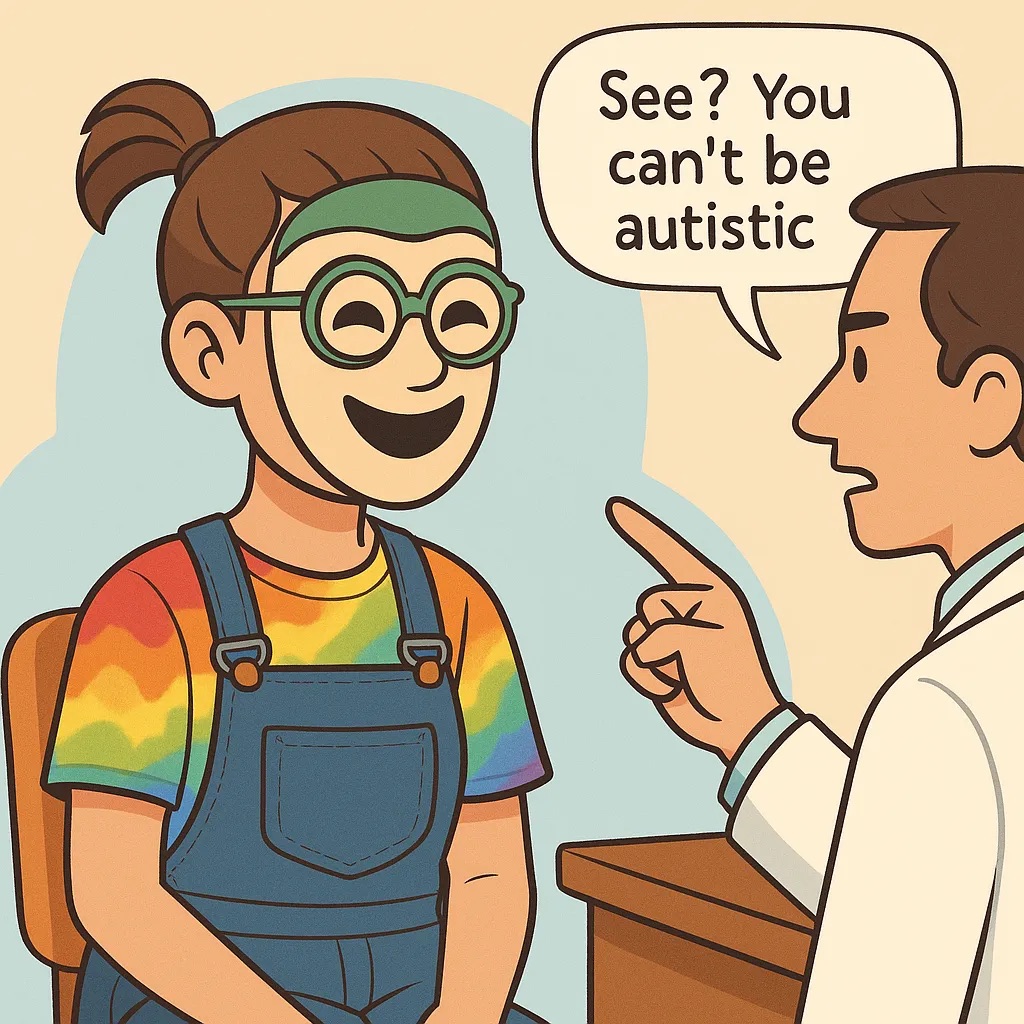 Cartoon of a person in overalls and green glasses being told by a doctor: See? You can't be autistic
